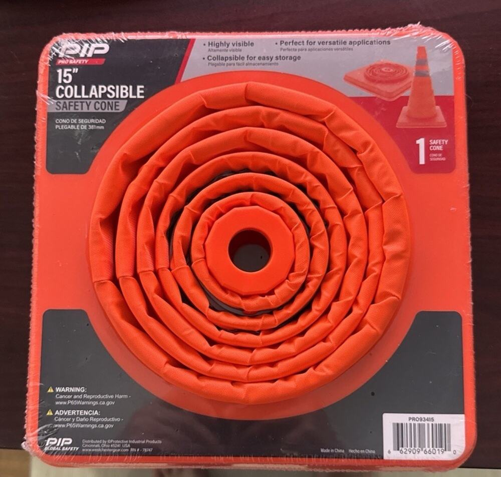 PIP Single Collapsible Traffic Safety Cone - 15 Inch - Orange Reflective Visible